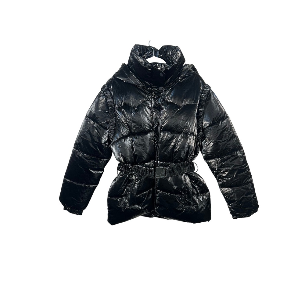 Karen Millen Puffer Jacket Women 8 Black Excellent Convertible Vest High Shine